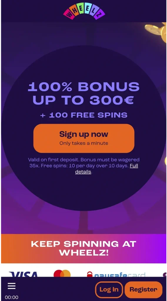 Registration on mobile app at wheelz casino